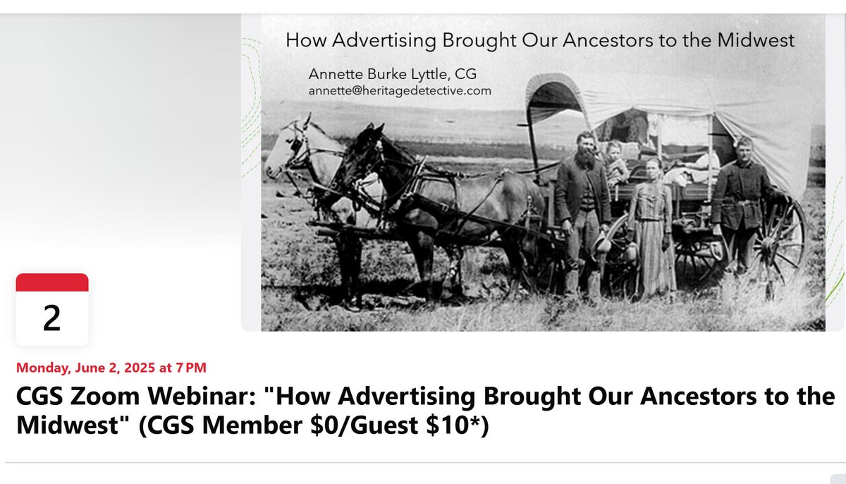Join us on June 2, 2025 from 7:00-8:30pm central for our CGS Webinar via Zoom, “How Advertising Brought Our Ancestors to the Midwest" with Annette Burke Lyttle, CG® (CGS Member $0/Guest $10). Registration required. Find complete details at chicagogenealogy.org/event-5984649 #ChicagoGenSoc