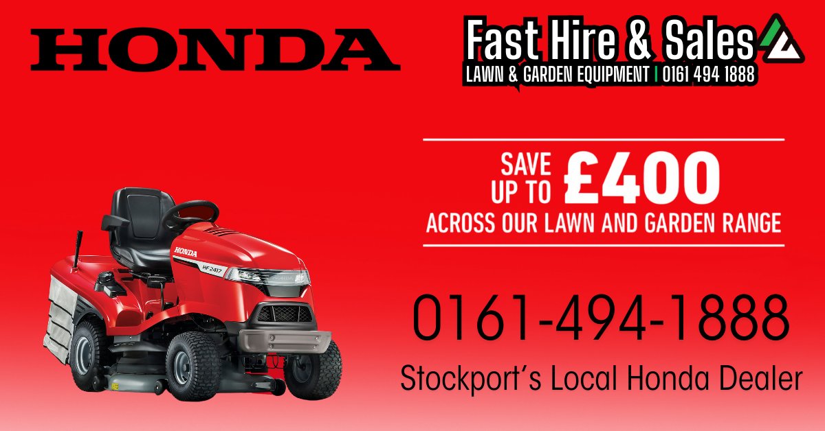 Save up to £400 on Honda lawn &amp; garden equipment! From premium ride-ons to quality mowers, visit Fast Hire &amp; Sales - Stockport's local Honda dealer. Call 0161-494-1888 to learn more about our offers.