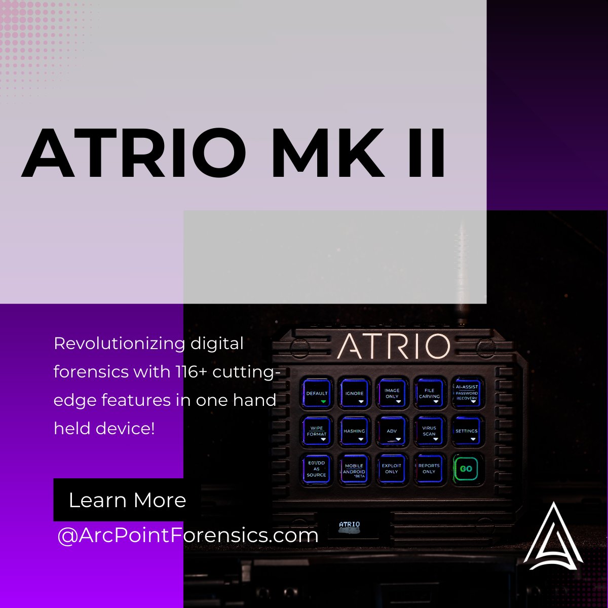 ATRIO MK II has 116+ cutting-edge features, including:

✅ Effortless Acquisition &amp; Triage 
✅ Advanced Recovery
✅ AI-Powered Analysis
✅ Secure Management 
✅ Streamlined Processing
✅ Fast Reporting 
✅ Mobile Support

Learn more 👉 ArcPointForensics.com

 #DFIR  #tech