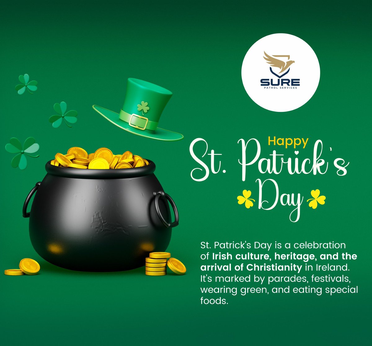SurePatrols's tweet image. Luck won’t keep your business safe, security will.

This St. Patrick’s Day, let Sure Patrol handle protection so you can enjoy the celebration. Don’t leave safety to chance. Contact us today.

#StPatricksDay #SecurityThatWorks #SurePatrol