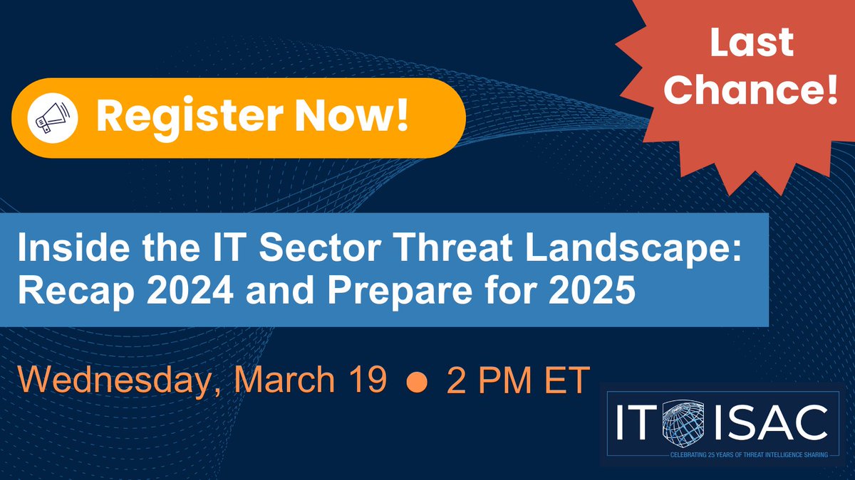 💥 Last Chance! 💥

The best way to defend against cyberthreats is to know what you're up against. Don't miss our exclusive free webinar all about the IT Threat Landscape and its top threat actors.

Register here: bit.ly/3FopvbM

#cybersecurity #isac #informationsharing