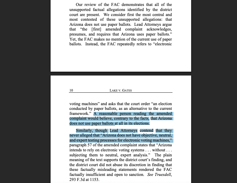 9th Circuit holds that Kari Lake's &amp; Mark Finchem's lawyers (Andrew Parker &amp; Kurt Olsen) must pay $122k after making baseless claims in court before the '22 election that AZ doesn't use paper ballots or test its voting machines. BACKGROUND: votebeat.org/arizona/2024/0…