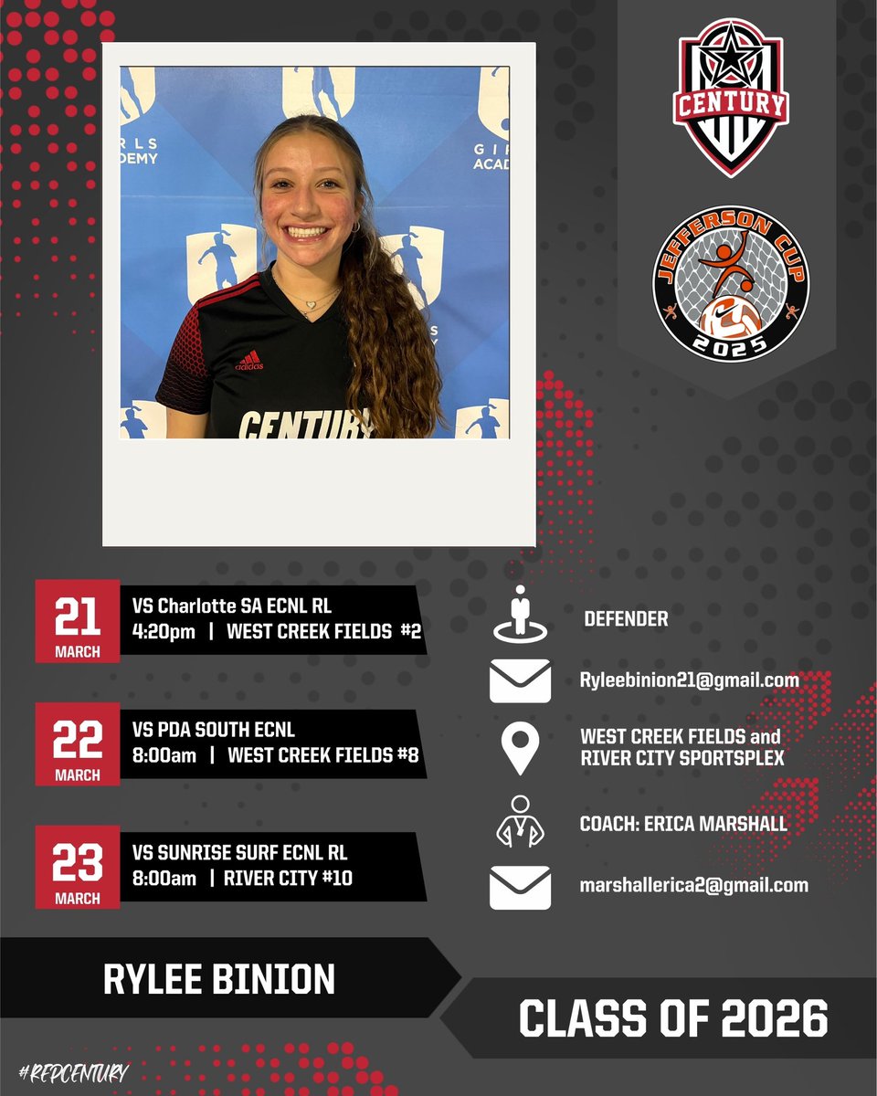 Rylee Binion (@ryleebinion) on Twitter photo Looking forward to playing in the Jefferson Cup this weekend against some 🔥 competition with my <a href="/Century08GA/">Century 2008 GA</a> teammates.
Below is my schedule 👇
<a href="/TopDrawerSoccer/">TopDrawerSoccer</a> <a href="/CoachEMarshall/">Erica Marshall</a> <a href="/Century_Utd/">Century United</a> <a href="/TheSoccerWire/">SoccerWire</a> <a href="/ImYouthSoccer/">ECNL/GA/Recruiting/College Soccer</a> <a href="/GAcademyLeague/">Girls Academy</a> Looking forward to playing in the Jefferson Cup this weekend against some 🔥 competition with my <a href="/Century08GA/">Century 2008 GA</a> teammates.
Below is my schedule 👇
<a href="/TopDrawerSoccer/">TopDrawerSoccer</a> <a href="/CoachEMarshall/">Erica Marshall</a> <a href="/Century_Utd/">Century United</a> <a href="/TheSoccerWire/">SoccerWire</a> <a href="/ImYouthSoccer/">ECNL/GA/Recruiting/College Soccer</a> <a href="/GAcademyLeague/">Girls Academy</a>