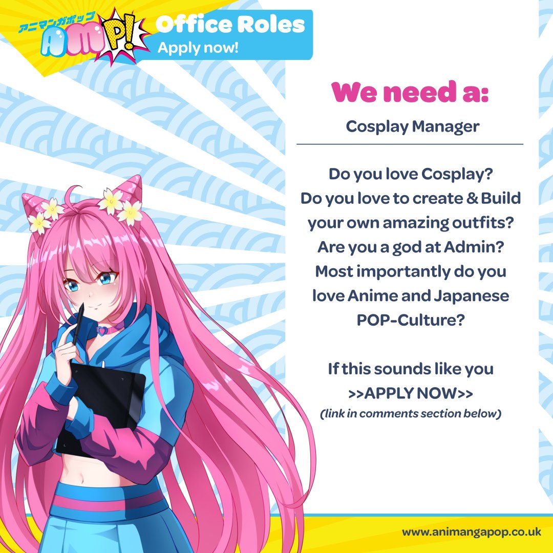 🚨RARE OPPORTUNITY🚨 👗📝
---
We are in need of another Cosplay Manager! That's right we are expanding our team and are needing help in this particular area.🤩

Sign-up here >>> animangapop.co.uk/office-roles/