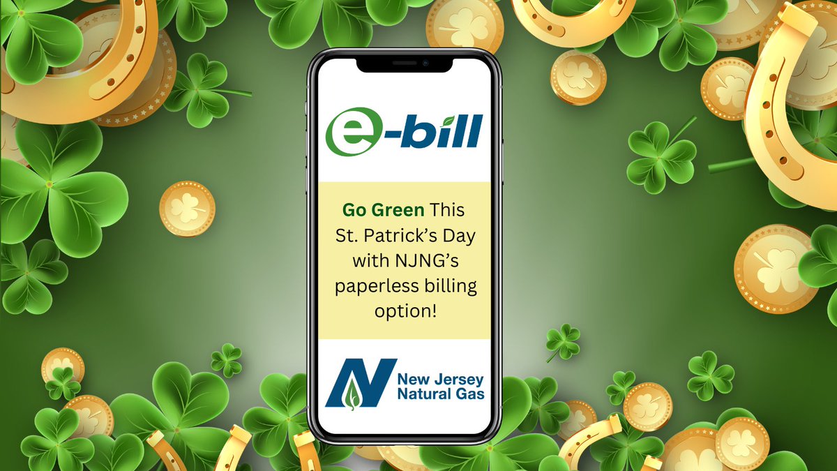 NJNaturalGas's tweet image. This #StPatricksDay, NJNG’s e-bill is your four-leaf clover!🍀✨ Sign up for #paperlessbilling through My Account at njng.com and enjoy:
✅ 24/7 access — check your bill anytime, anywhere.
✅ Less paper, less clutter — more time for celebrating! 
✅ A greener way