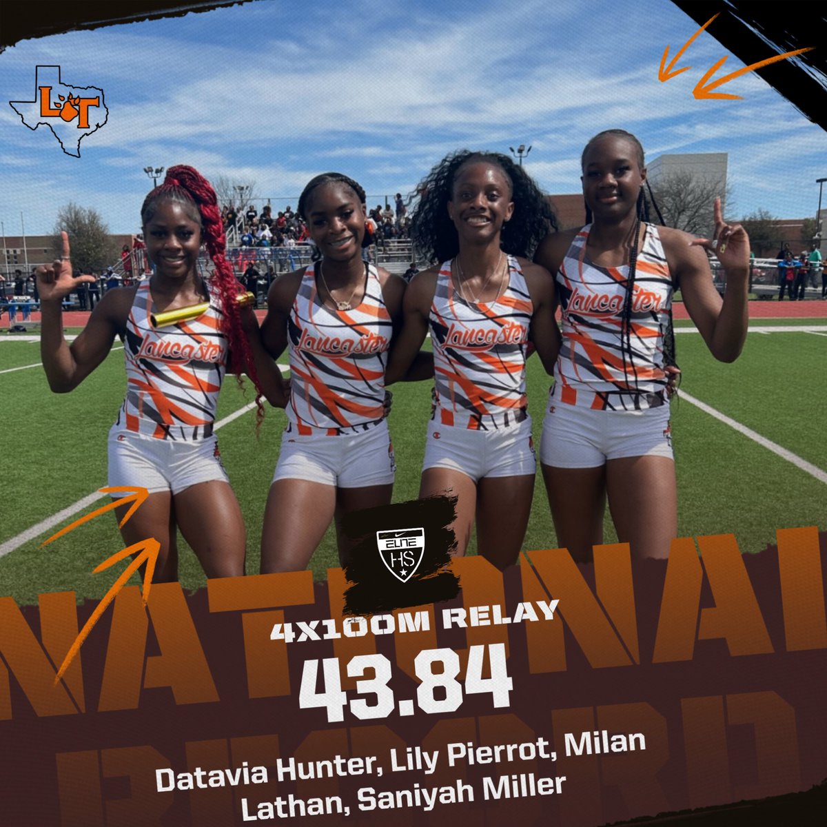 travismillerx13's tweet photo. Meet the new high school girls 4x100m national record holders from Lancaster, Texas.

Senior - Datavia Hunter
Junior - Lily Pierrot
Junior - Milan Lathan
Junior - Saniyah Miller
📷 @WeboGirlsTrack https://t.co/AJeTGpmZnz