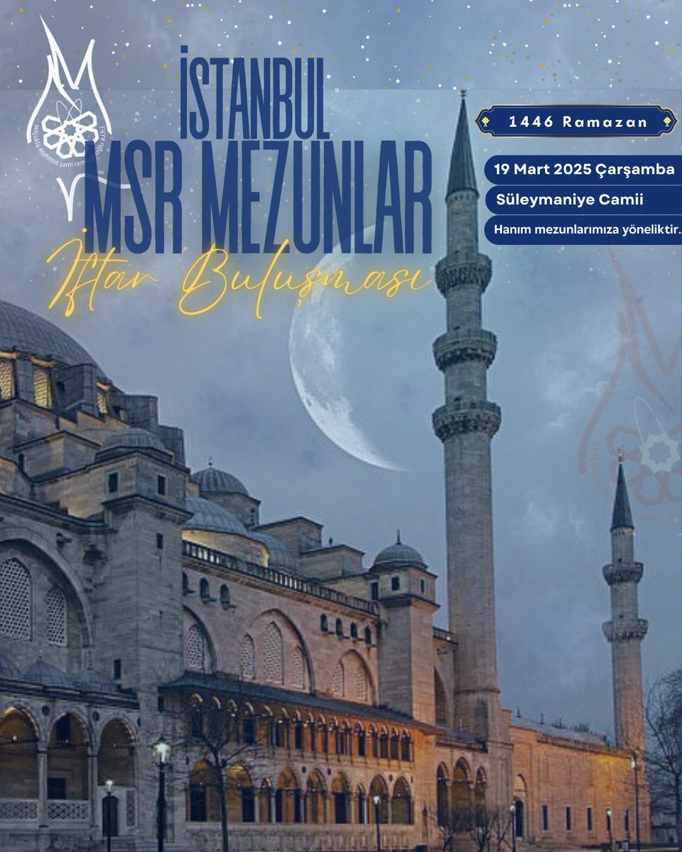 msr_anadoluihl's tweet photo. -İSTANBUL MSR MEZUNLAR İFTAR BULUŞMASI-
Okulumuz mezunu olup şuan İstanbul’da üniversite okuyan ya da İstanbul’da ikamet eden hanım mezunlarımız Süleymaniye Camii bahçesinde iftarda buluşuyorlar. 
Katılım sağlamak isteyen hanım mezunlarımız formu;
🔗 https://t.co/OehD3xuCeP linkinden doldurabilirler.
