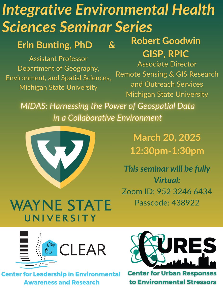 CLEAR_SRP@WSU (@clearwsu) on Twitter photo Please join us for the next CLEAR-<a href="/Wayne_IEHS/">CURES-WayneStateU</a> research seminar, featuring Erin L. Bunting, PhD and Robert Goodwin, GISP, RPIC on March 20, 2025 at 12:30 pmĀ ET, on "MIDAS: Harnessing the Power of Geospatial Data in a Collaborative Environment." RSVP at events.wayne.edu/2025/03/20/ieh⦠Please join us for the next CLEAR-<a href="/Wayne_IEHS/">CURES-WayneStateU</a> research seminar, featuring Erin L. Bunting, PhD and Robert Goodwin, GISP, RPIC on March 20, 2025 at 12:30 pmĀ ET, on "MIDAS: Harnessing the Power of Geospatial Data in a Collaborative Environment." RSVP at events.wayne.edu/2025/03/20/iehā¦