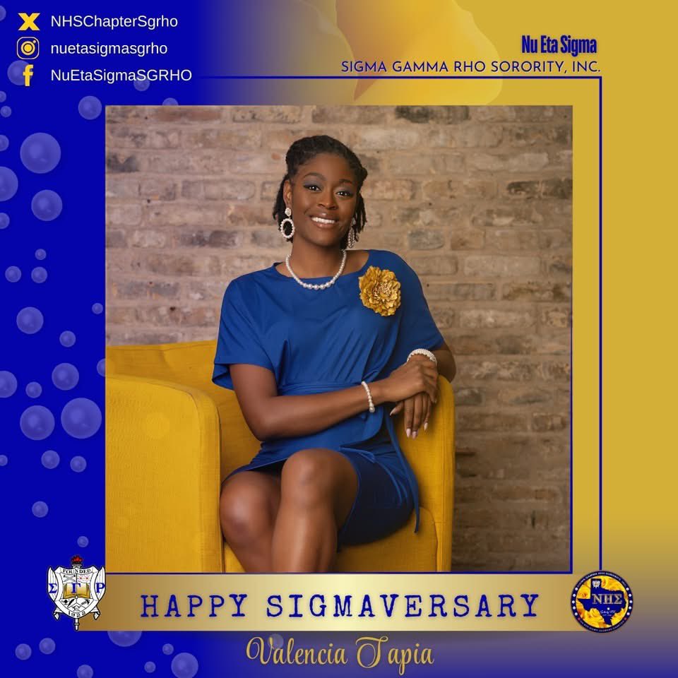NHSChapterSgrho's tweet photo. Happy Sigmaversary, Soror Tapia! Your dedication to sisterhood, scholarship, and service makes our sisterhood even GREATER. We celebrate you today and always! 💙💛

#Sigmaversary #sgrho1922 #SGRhoUpdates #SigmaGammaRho https://t.co/eDmjmdC5oS