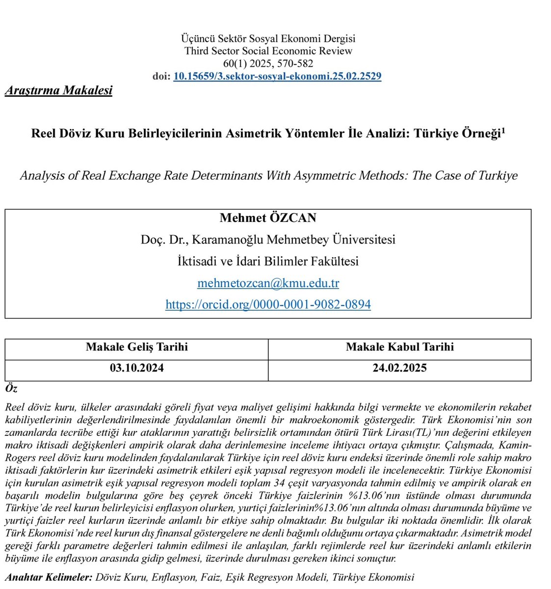 Yeni Makalem Yayında! 📢

Türkiye’de reel döviz kuru belirleyicilerini asimetrik yöntemlerle inceledik.Faizin belirli bir eşik seviyesinin üzerinde olduğunda döviz kuru üzerindeki etkisinin farklılaştığını bulduk.
👇🏻
kisa.link/zphwO

#Ekonomi #DövizKuru #TürkiyeEkonomisi