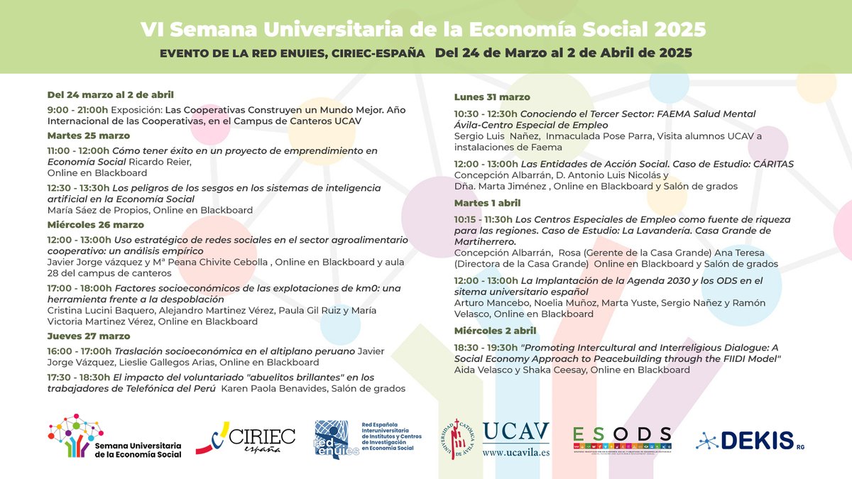 📢 Esta mañana hemos presentado el programa de la VI #SemanaUniversitariaES. Desde <a href="/UCAVILA_/">Universidad Católica de Ávila</a>, a través de <a href="/Dekis_rg/">DEKIS</a>  y #ESODS, hemos organizado un amplio abanico de actividades.
🗓️ ¡Os invitamos a participar! + info 👉 ucavila.es
#EconomíaSocial <a href="/CIRIEC_Esp/">CIRIEC-España</a>  #DEKIS