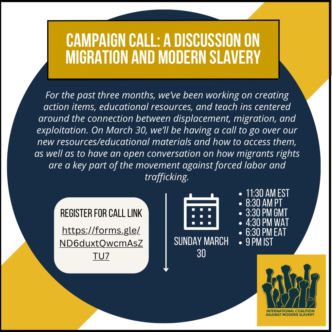 I__CAMS's tweet photo. Our monthly call will be geared towards discussing how laws that target migrants fuel exploitation. Researchers, survivors, activists, case workers, and those who are interested in learning more are all welcome to join.

Register for the call here: https://t.co/11mBb8y0s0 https://t.co/fjJqppOZt4