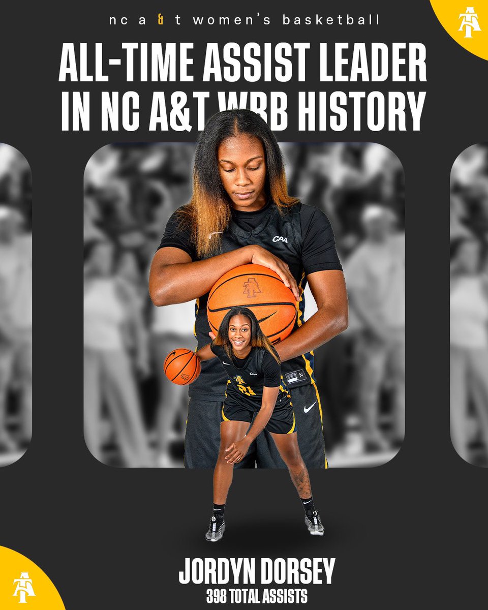 Big congrats to Jordyn Dorsey on becoming the All-Time Assist Leader in NC A&amp;T Women’s Basketball history! The best part? She’s got the chance to extend that record even further! 🔥🏀

#AggieWBB 💙💛 #Commit2Grit #WeAboveMe #LevelUp #BeUncommon⁣ #AggiePride