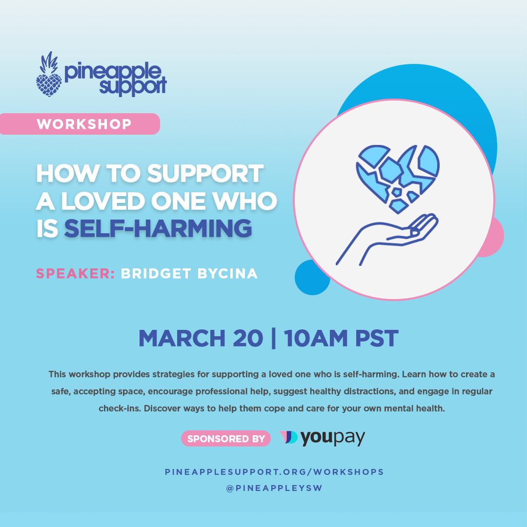 PineappleYSW's tweet photo. Supporting a loved one who is self-harming can be overwhelming. Get the tools, resources, and support you need at our workshop on March 20th.🍍Learn to help without losing yourself in the process.
Sign up: https://t.co/aG3VehiDlC
Sponsored by @youpay
#SupportAndHealing https://t.co/kjSU02UU9e