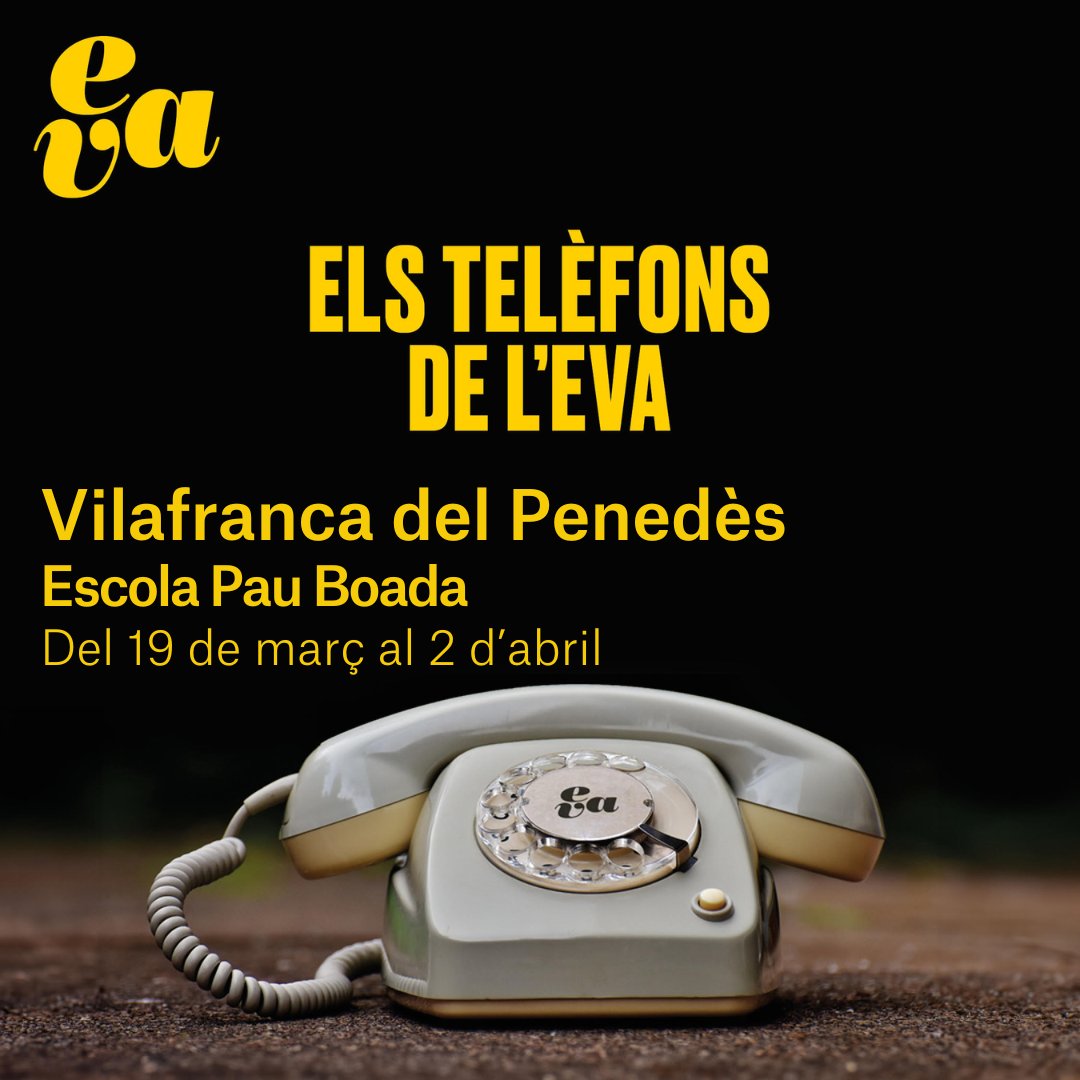 Festival EVA, En Veu Alta (@evafestival) on Twitter photo ☎️ Els telèfons de l'EVA segueixen sonant, ara a les escoles.
📆 Del 19 de març al 2 d'abril l'alumnat de <a href="/EscolaPauBoada/">Escola Pau Boada</a>
podrà gaudir de 12 narracions a cau d'orella amb Els telèfons de l'EVA.
Els despengeu? ☎️ Els telèfons de l'EVA segueixen sonant, ara a les escoles.
📆 Del 19 de març al 2 d'abril l'alumnat de <a href="/EscolaPauBoada/">Escola Pau Boada</a>
podrà gaudir de 12 narracions a cau d'orella amb Els telèfons de l'EVA.
Els despengeu?
