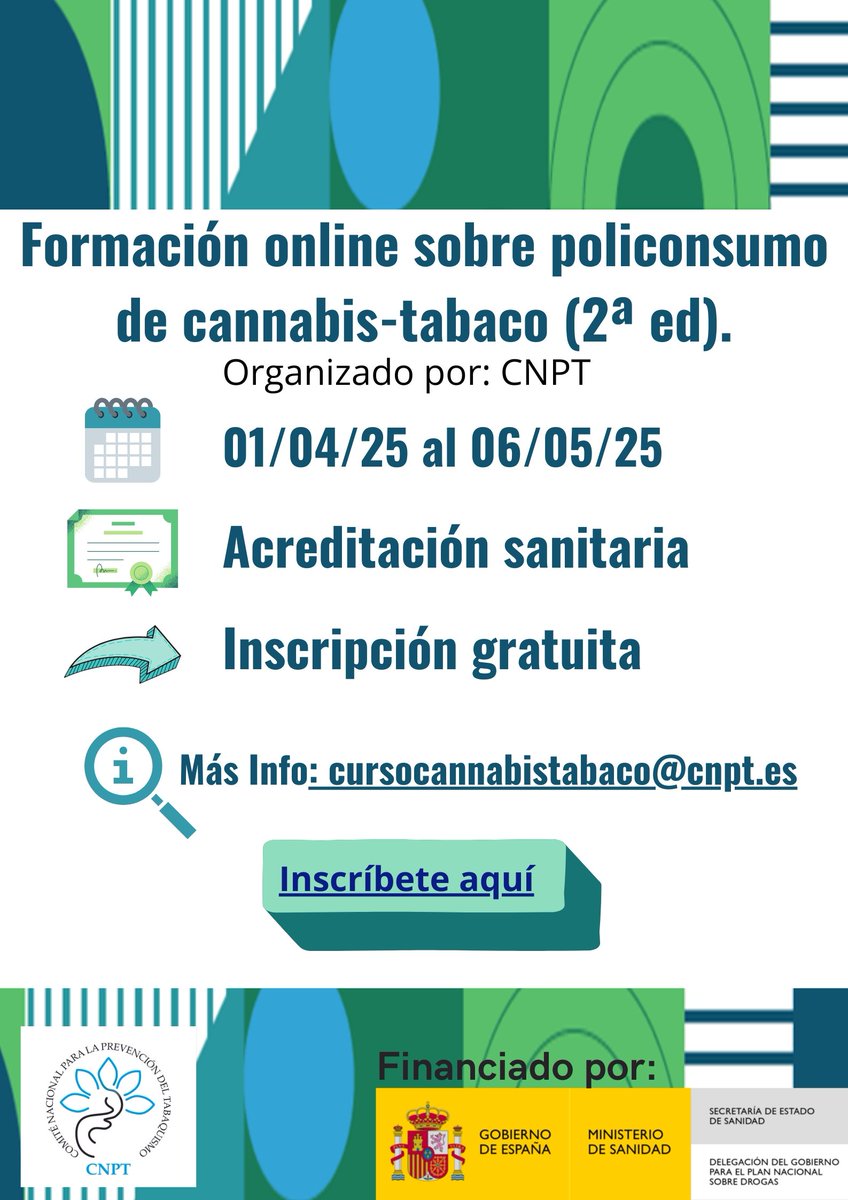 evictproject's tweet image. 📣 Abrimos inscripciones para la 2ª edición el Curso de Formación Online sobre Policonsumo de cannabis- tabaco.

🗓️ Empieza el 1 de abril y termina el 6 de mayo

⏰ 60 horas 

🔔 Acreditación sanitaria solicitada 

🔗 Inscripciones en: cnpt.es/formacion/segu…