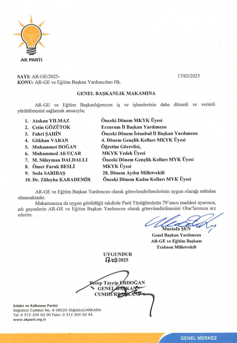 Genel Başkanımız Sn.<a href="/RTErdogan/">Recep Tayyip Erdoğan</a>’ın olurları ve Genel Başkan Yardımcımız Sn. Mustafa Şen'in tensipleriyle ARGE &amp; Eğitim Başkan Yardımcısı olarak görevlendirilen kıymetli başkanlarım <a href="/yilmazatakan/">atakan</a>, <a href="/SedaSaribas09/">Seda Sarıbaş</a>, <a href="/Mdogan_35/">Muhammet Doğan 🇹🇷</a>, <a href="/mucahidsuleyman/">Mücahid Süleyman Daldallı</a>’yı tebrik eder, muvaffakiyetler dilerim.