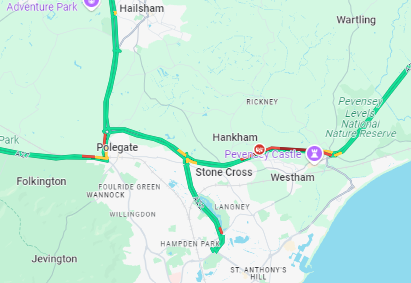 SylvMelB's tweet photo. #StoneCross: #A27 partly blocked both ways with a multi-vehicle accident between the #A22 Golden Jubilee Roundabout and the #A259 Pevensey Roundabout @SussexTW @SussexIncidents https://t.co/T5NYJ1iKq2