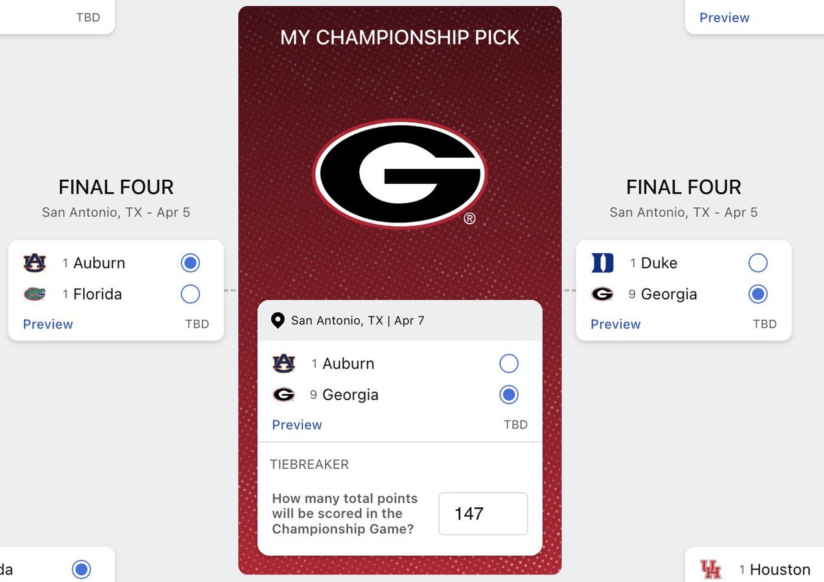 Natdavewilliams's tweet image. I'm sure my bracket is going down in flames.
But I only get to pick Georgia once per decade, so why not go all in?
#GoDawgs