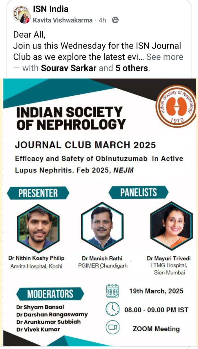 Dr.Sourav Sarkar (@drsouravsarkar3) on Twitter photo #isn journal club march 2025...
#wednesday
19th March 2025
Topic:: Efficacy and safety of obinutuzumab in active lupus nephritis
Link:
us02web.zoom.us/j/89497432885?… =NywKQU1en4520EKIvbp8cGqvoyGX8u.1
Passcode:647870
<a href="/isn_india/">Indian Society of Nephrology</a> #isn journal club march 2025...
#wednesday
19th March 2025
Topic:: Efficacy and safety of obinutuzumab in active lupus nephritis
Link:
us02web.zoom.us/j/89497432885?… =NywKQU1en4520EKIvbp8cGqvoyGX8u.1
Passcode:647870
<a href="/isn_india/">Indian Society of Nephrology</a>