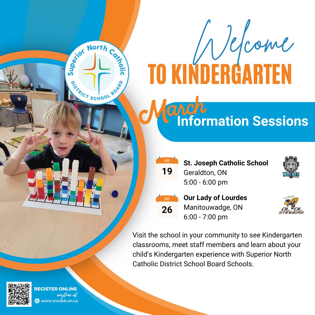 Kindergarten Info Nights for March are here! Join us at one of our SNCDSB Kindergarten Information Nights this March! ⁠ Explore our Kindergarten classrooms, meet our amazing staff, and learn all about your child’s Kinder experience! ⁠
⁠