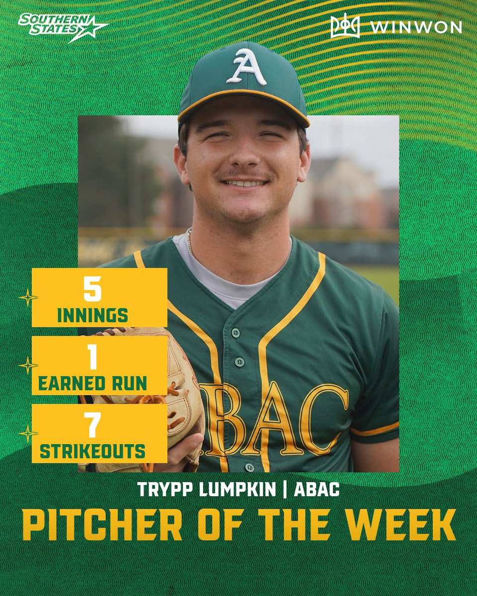 Southern States (@ssacsports) on Twitter photo The SSAC Baseball Players of the Week, presented by <a href="/WinWonTech/">WinWon</a>, were announced. Details | tinyurl.com/23x3mnpg
Player: Rigoberto Hernandez (<a href="/CareyAthletics/">William Carey Athletics</a>)
Pitcher: Trypp Lumpkin (<a href="/ABACAthletics/">ABAC Athletics</a>) The SSAC Baseball Players of the Week, presented by <a href="/WinWonTech/">WinWon</a>, were announced. Details | tinyurl.com/23x3mnpg
Player: Rigoberto Hernandez (<a href="/CareyAthletics/">William Carey Athletics</a>)
Pitcher: Trypp Lumpkin (<a href="/ABACAthletics/">ABAC Athletics</a>)