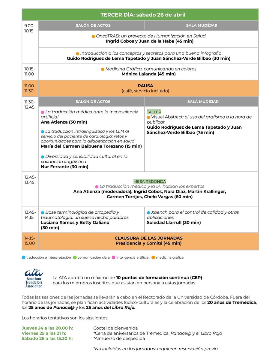👏¿Has visto la cantidad de ponentes, presentaciones y  talleres (y festejos 🥂, ejem...) que habrá en las XIV #JornadasTremédica? Descarga el programa: lnkd.in/degqHHqR

¿Ya te inscribiste? Hazlo en lnkd.in/dzEcrv9J

¡Falta muy poco!

#tremédica #traducciónmédica