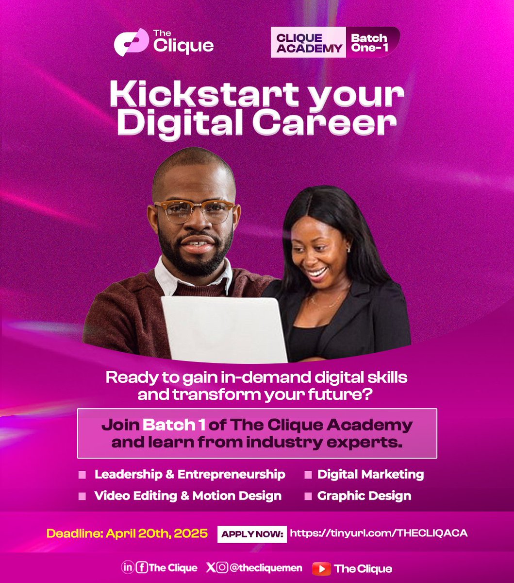 ThecliqueMen's tweet photo. Heroes aren’t born, they're made.

Take charge of your future with The Clique Academy! 

📍Master in-demand digital skills 

📍Learn from industry experts

📍And position yourself for success. 

Batch 1 enrollment closes on April 20th! 

Get started>> https://t.co/RUdlWDgHp0 https://t.co/egCNQkp7zN