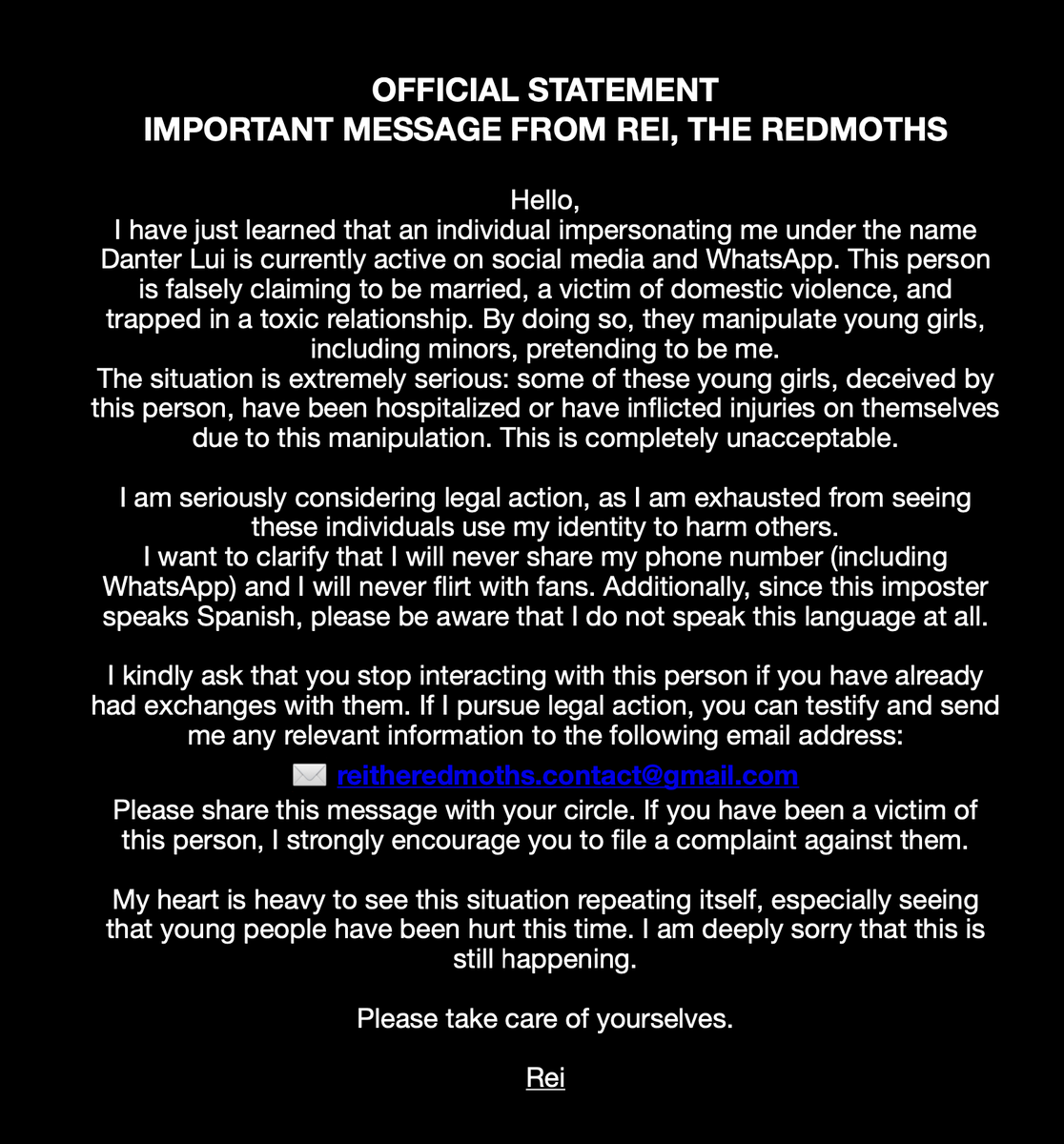 TheRedMoths's tweet photo. OFFICIAL STATEMENT
IMPORTANT MESSAGE FROM REI THE REDMOTHS https://t.co/9eObbsEjuF