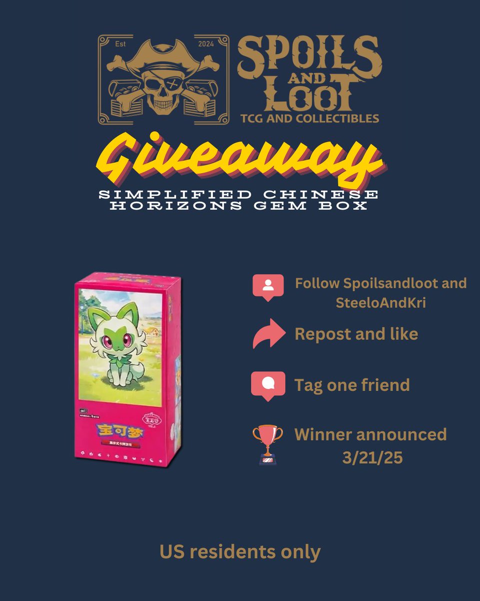 Giveaway for a Simplified Chinese Horizons Gem box! Winner will be announced 3/21/25

Requirements:
✅Follow <a href="/spoilsandloot/">Spoils and Loot</a>  and <a href="/SteeloAndKri/">SteeloAndKri</a> 
✅Repost and Like
✅Tag a friend
✅US residents only