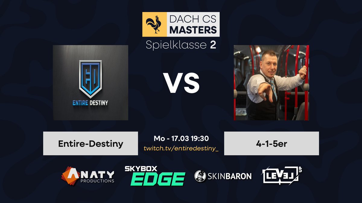 MATCHDAY!

Heute geht es für Uns in den 3. Spieltag der
DACH CS Masters!

⏰19:30Uhr
 📷twitch.tv/entiredestiny_