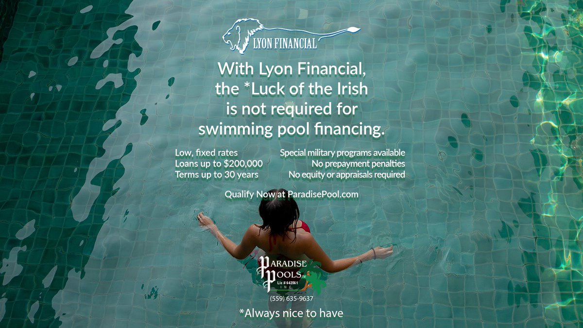 VisaliaPools's tweet photo. With Lyon Financial, the *Luck of the Irish is not required for swimming pool financing. 

Lyon Financial is offering the industry's lowest fixed rates for unsecured pool financing. #StPatricksDay #PoolFinancing #VisaliaPoolBuilder #TopVisaliaPoolBuilder

*Always nice to have https://t.co/FRDnxeTltb