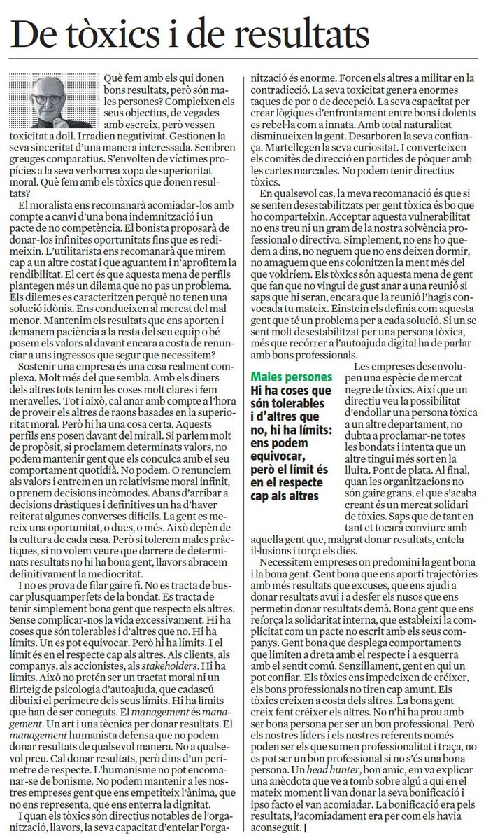 Què fem amb els tòxics?
“algú a qui en el mateix moment li van donar la bonificació i ipso facto el van acomiadar. La bonificació era pels resultats, l’acomiadament per com els havia aconseguit”
Sempre interessant  <a href="/XavierMarcet/">Xavier Marcet</a> 🔝