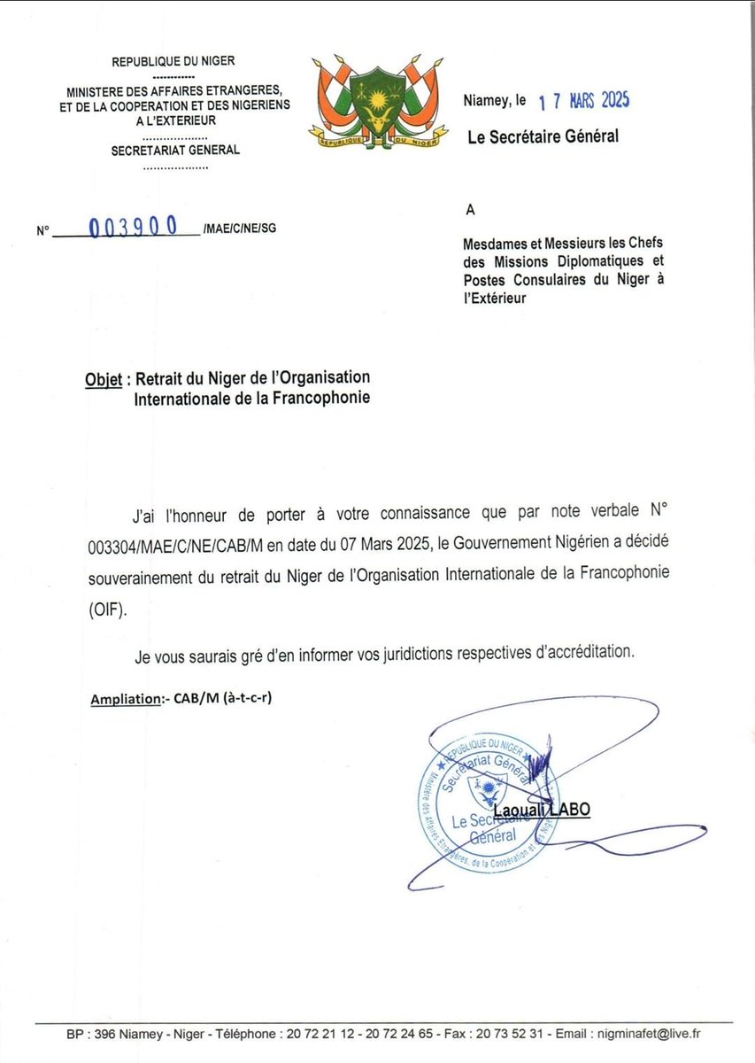 🔴Retrait du Niger de l'Organisation Internationale de la Francophonie