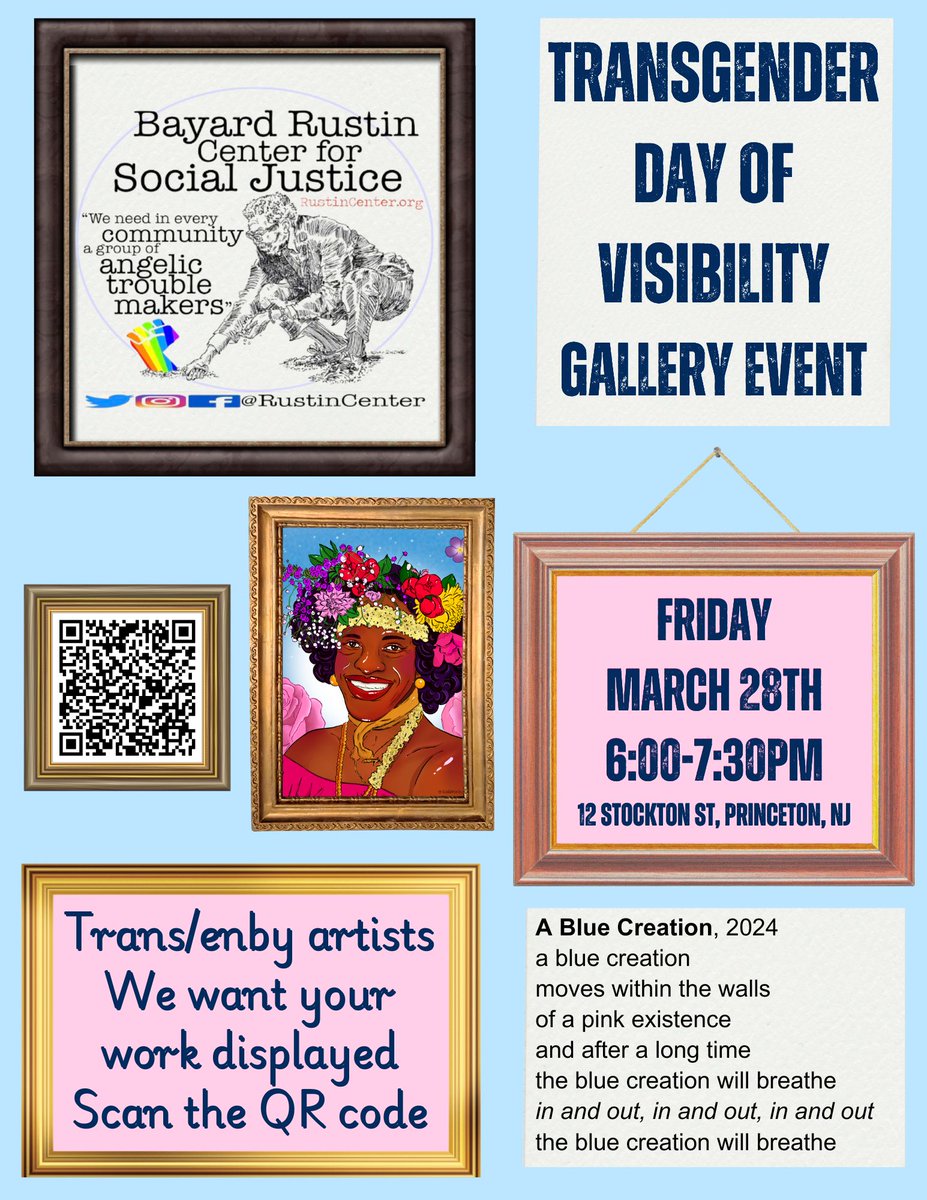 BrcsjIntern's tweet image. Transgender and non-binary artists! We want your work!
We are looking for artists to submit writing, art, photography, videos, and more about any part of the transgender or gender non-conforming experience that they find meaningful.
Scan the QR code for more information!