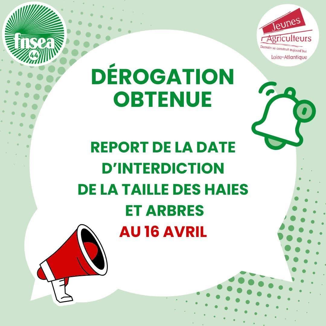 [Aquis ✅️]Sur demande commune, la FNSEA44, <a href="/jeunesagri44/">Jeunes Agriculteurs de Loire-Atlantique JA44</a> , <a href="/ChambagriPdL/">Chambres agri PdL</a>, <a href="/EDT_PdL/">EDT Pays de la Loire</a> et Union des Cuma des Pays de la Loire ont obtenu une dérogation.

👉 Les travaux et l'entretien sur les haies sont donc possibles jusqu'au 15 avril inclus.

#agriculture #loireatlantique