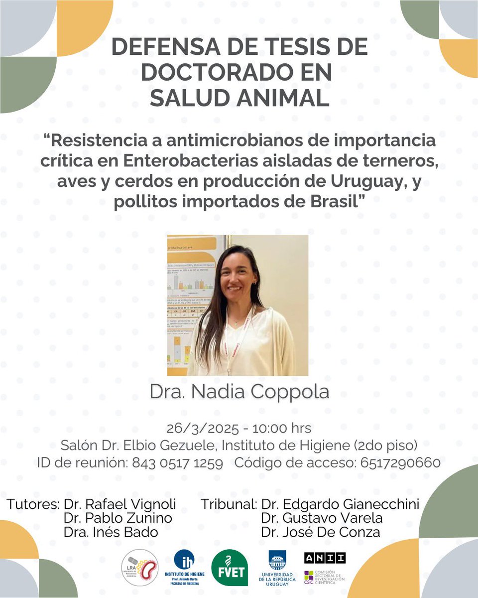 Con mucho agrado les invitamos a la defensa de tesis de Doctorado en Salud Animal de la Dra. Nadia Coppola. 

🗓️ Miércoles 26 de abril 2025
🕙 10:00 hs
📍 Salón Dr. Elbio Gezuele - 2º piso del Instituto de Higiene

💻 Transmisión simultánea por Zoom: 
salavirtual-udelar.zoom.us/j/84305171259?…