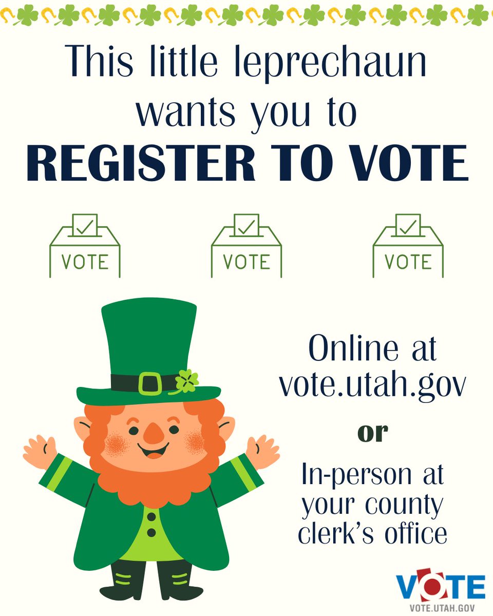 ElectionsUtah's tweet image. Happy St. Patrick’s Day! Don’t wait until you find gold at the end of the rainbow - register to vote today! Already registered? Make sure your address is up to date. #registertovote #utahvotes