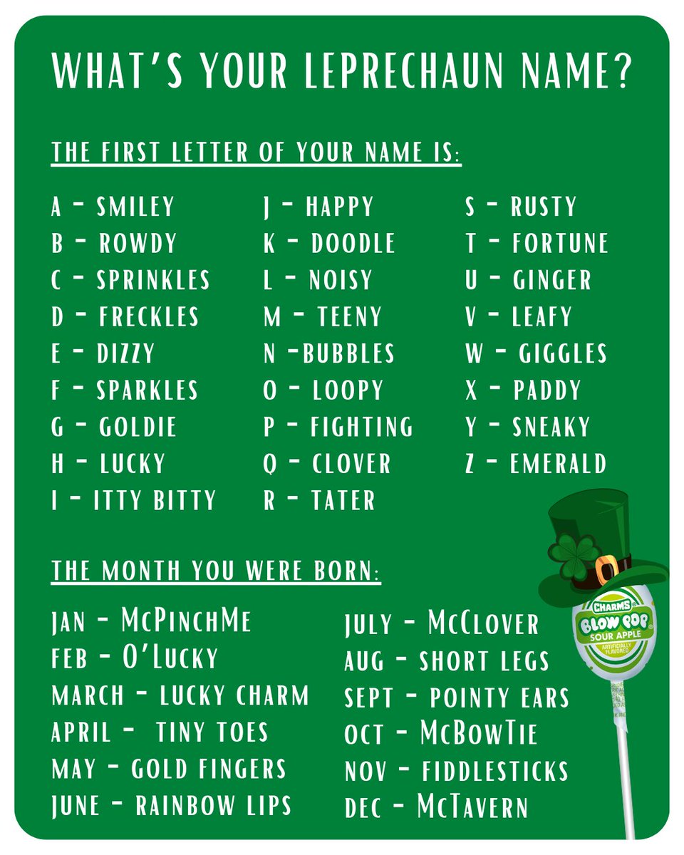 TootsieRoll's tweet image. Happy St. Patrick's Day! 💚 We gotta know: what's your Blow Pop Leprechaun Name?
