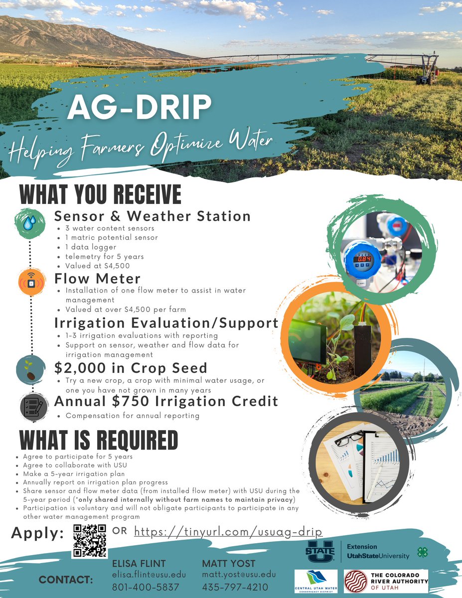We would like to invite irrigators in the Colorado River Basin to apply for the irrigation management and measurement support program called AG-DRIP. More details here: - mailchi.mp/836a260ed6cd/a…. Apply here: tinyurl.com/usuag-drip.