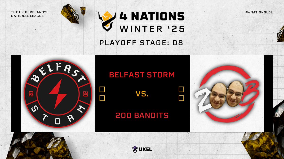 TheUKEL's tweet image. ⚔️ DIV. 1 PLAYOFFS: LB Finals ⚔️

Will luck be on the side of @Belfaststorm today 🍀

Or will @200Bandits steal away the win 💰

Find out @ 19:00 GMT for a BO3 to secure the last Grand Finals spot 🔥

Analysts ✍️
@TemporalLoL , @1000EyesCasts &amp;amp; @BlackBloxer 

Casters 🎙️…
