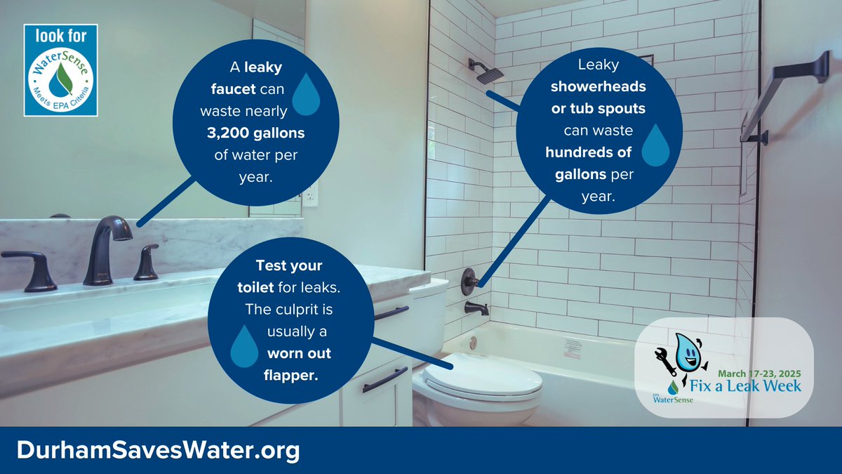 DurhamWater's tweet photo. 💧Fix a Leak Week is here! Spend a few minutes March 17-23 to find and fix leaks in your home! Save water, save money! #FixALeak https://t.co/tBeMMNbRqh