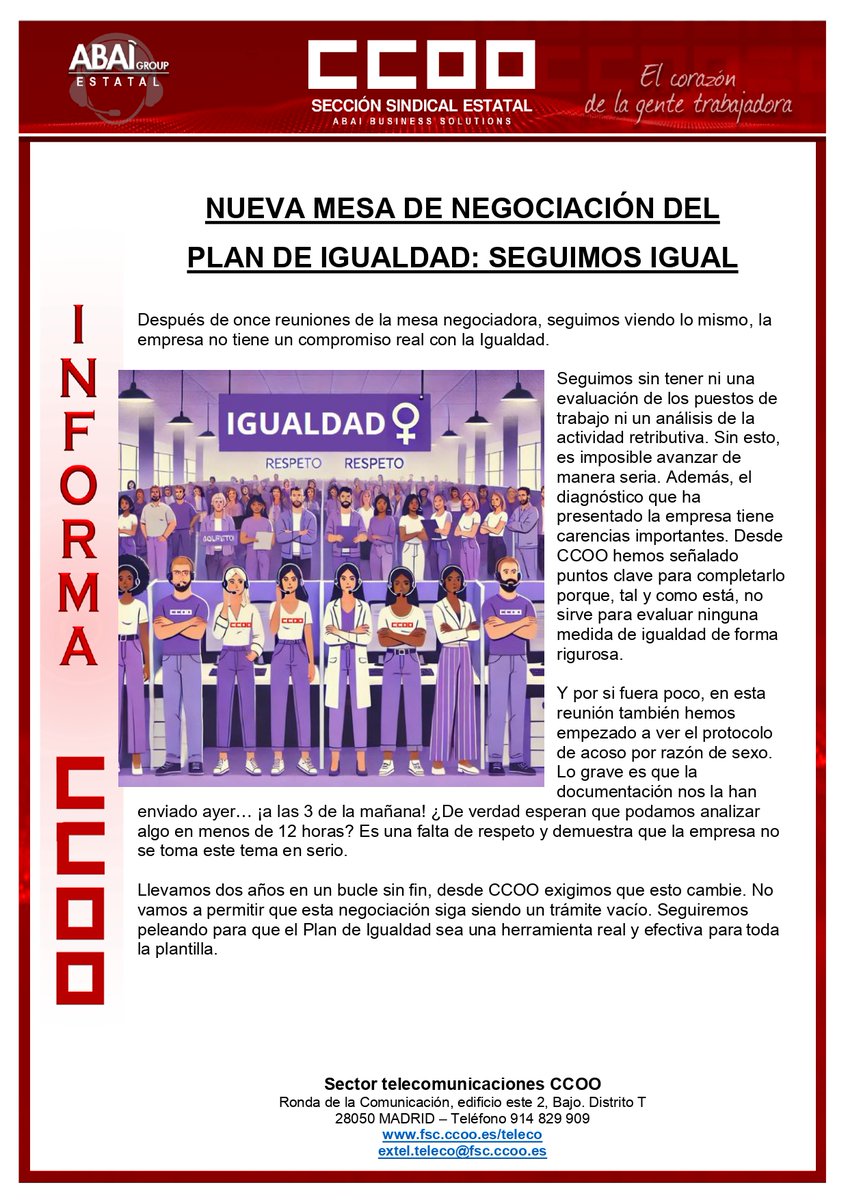 CCOOExtelMLG's tweet photo. 🔊 CCOO, INFORMA 🗞️

⚧️ PLAN DE IGUALDAD ⚧️

📆 Hoy 17 de Marzo, hemos tenido una nueva reunión, la mesa de negociación del plan de igualdad.

📍Aquí os dejamos el comunicado al respecto. 📝👇🏻👇🏻

CCOO, TÚ SINDICATO https://t.co/W1bqiflxKJ