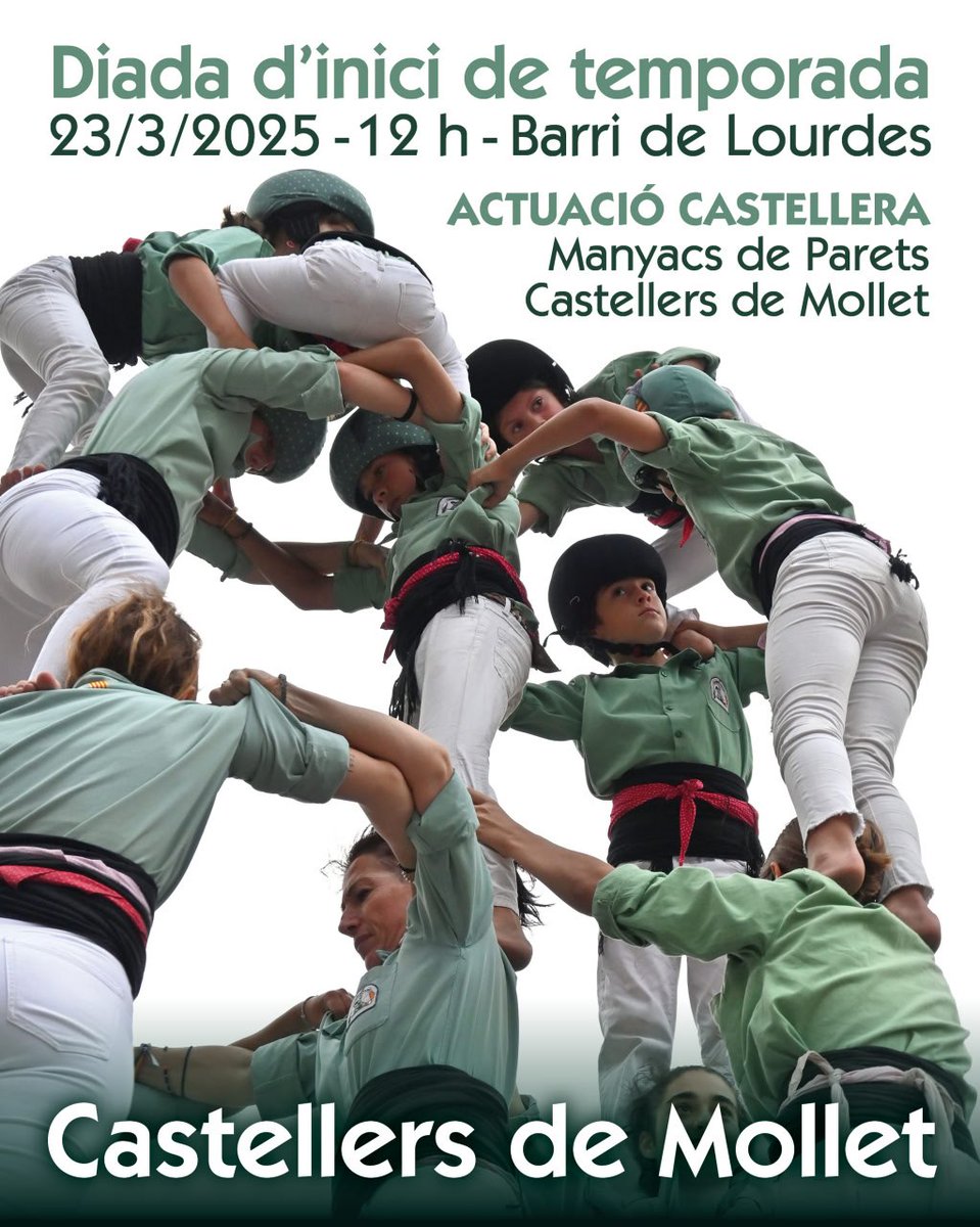 CastellerMollet's tweet photo. 💚 Diada d'Inici 💚

🚦Això ja comença, primera actuació de la temporada!

📍 Parc Rafael Alberti
🕒 23/03 - 12:00h
👥️ @manyacsparets

Volem començar amb tot, però et necessitem a tu 🫵🏼

#castells #cdm #ambtumesamunt https://t.co/6YufyV6toq