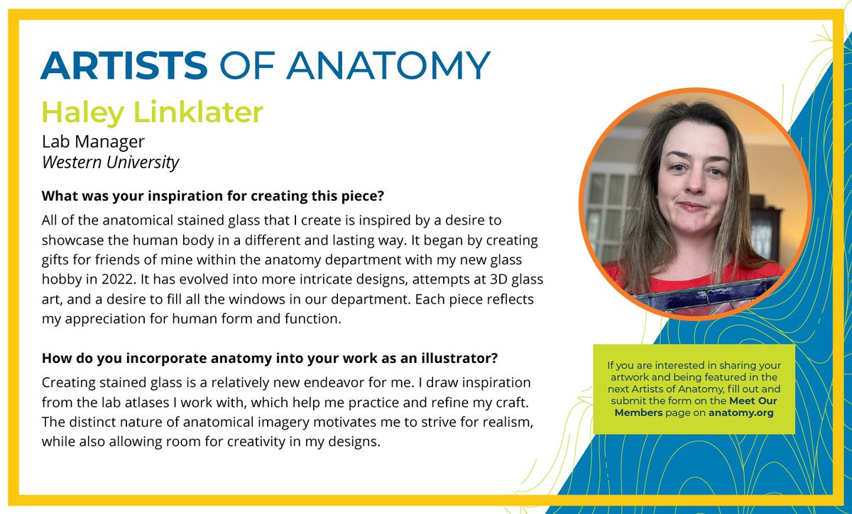 AnatomyOrg's tweet photo. Introducing Haley Linklater! Lab manager by day, stained glass artist by night, Haley has found a passion for portraying the human form and function through her art. Explore more Artists of Anatomy and apply to be featured: https://t.co/JL1z2jYdB9 
#Anatomy25 #ArtistsofAnatomy https://t.co/yGBSHuGRJ4