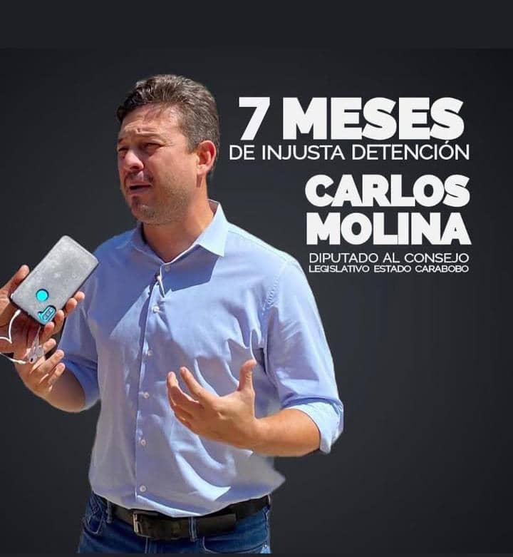 ¡Liberen a Carlos!  Hoy se cumplen 7 meses de la injusta detención de <a href="/carlosmolinave/">carlos molina</a>, Secretario de Organización de <a href="/unt_carabobo/">Partido UNT Carabobo</a> y diputado del Consejo Legislativo regional.

#LiberenALosPresosPoliticos #LiberenACarlos