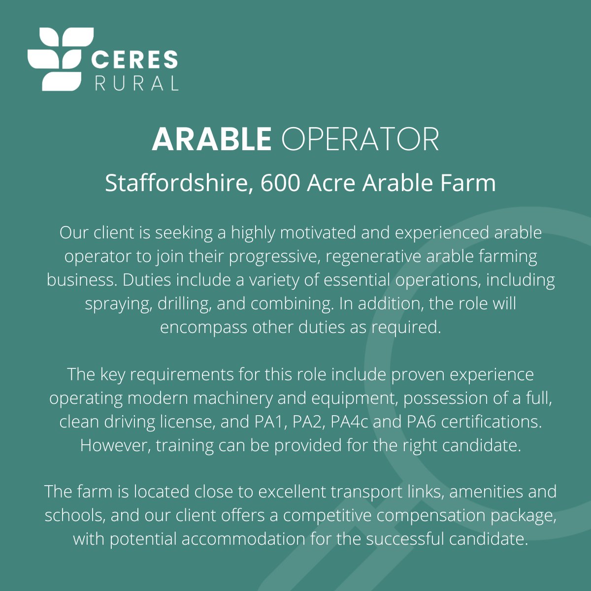 ceresrural's tweet image. Our client is looking for an experienced &amp;amp; skilled #arableoperator to join their progressive &amp;amp; #regenerative 600-acre #arablefarming business located in Staffordshire. Send your cover letter &amp;amp; CV to shrewsbury@ceresrural.co.uk. 
#farming #ruraljobs #spraying #drilling #combining