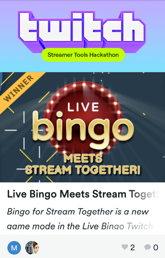 LiveBingoApp's tweet photo. Live Bingo has won one of the prizes in the Twitch Streamer Tools Hackathon for being one of the most-used extensions in the last six months! We would like to give a big thank you to all the streamers who've used Live Bingo and all the viewers who've played with it ❤️ https://t.co/pnb3gQumCv