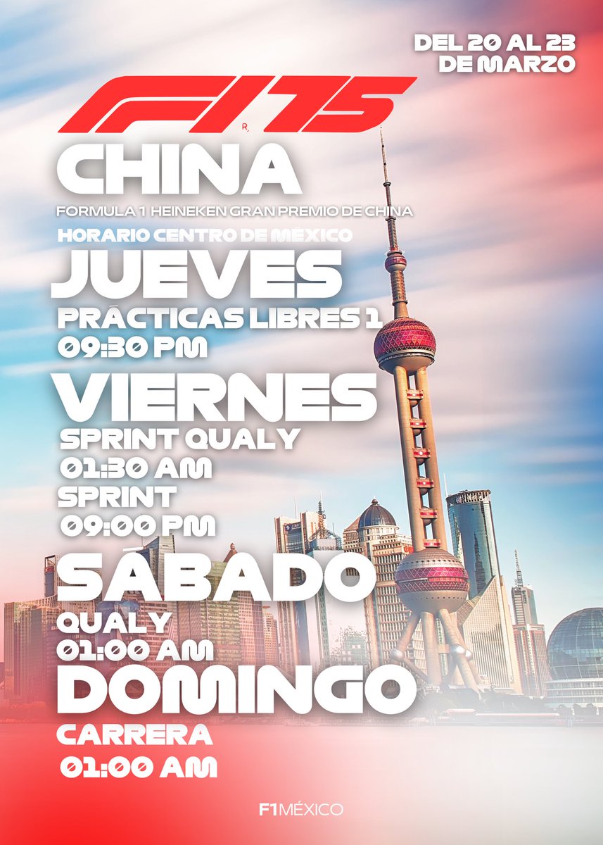 GF1MX's tweet photo. 💥 ES SEMANA DE CARRERA, AQUÍ TE DEJO LOS HORARIOS DEL GRAN PREMIO DE CHINA 🇨🇳 
🔄❤️ #F1 https://t.co/fyT75mImnm