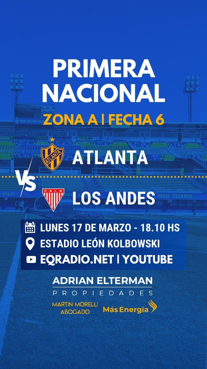 ⚽ #Atlanta 🆚 #LosAndes
🏟 León Kolbowski | 18.10 h.
👤 J. Delbarba

📲 ¡Seguinos en vivo!
▶️ #EQRadio bit.ly/3WQXAab 
▶️ #YouTube bit.ly/42ZtRxD

#AtlantaDeMiVida 💛💙

#PrimeraNacional #Fecha6
